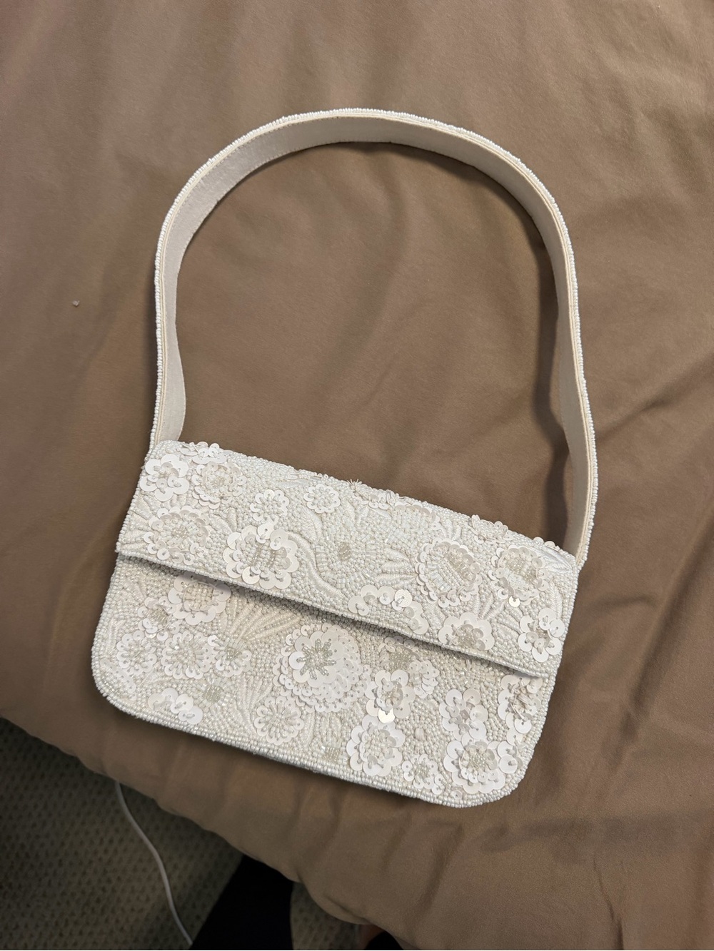 Anthropologie White Beaded Floral Shoulder Bag